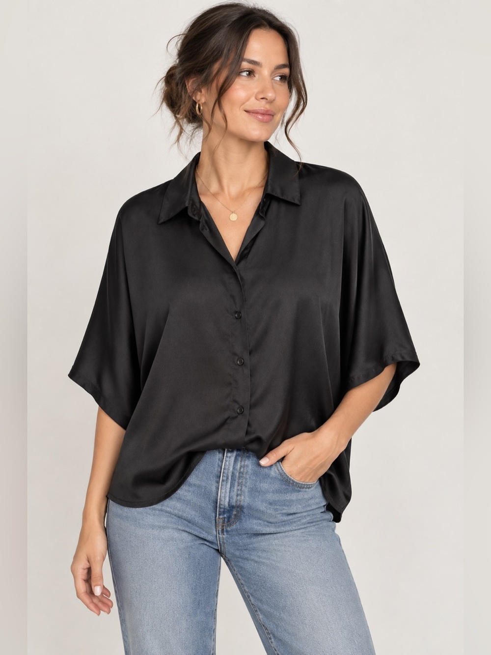 Kaffe Black Satin Oversized Button-Up Blouse | Size 40